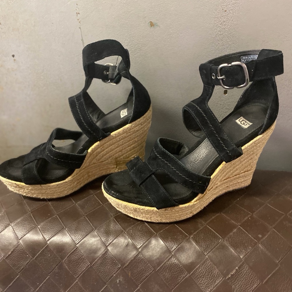 UGG Black Suede Espadrille Wedge Sandals with Ankle Strap